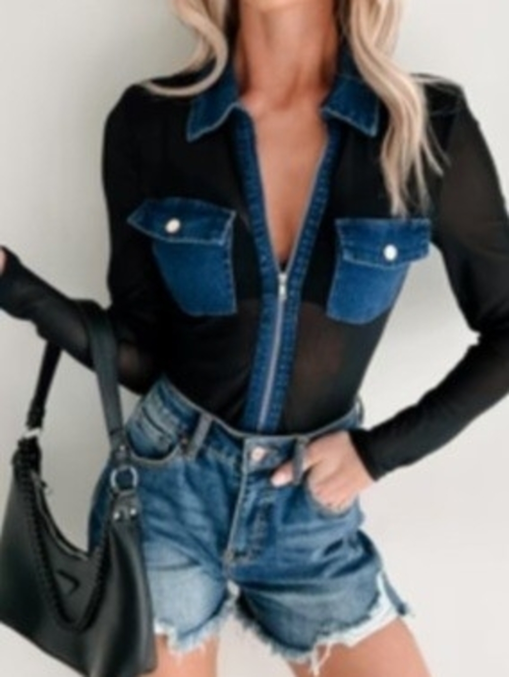 privy Black Sheer Bodysuit with Blue Denim Accents